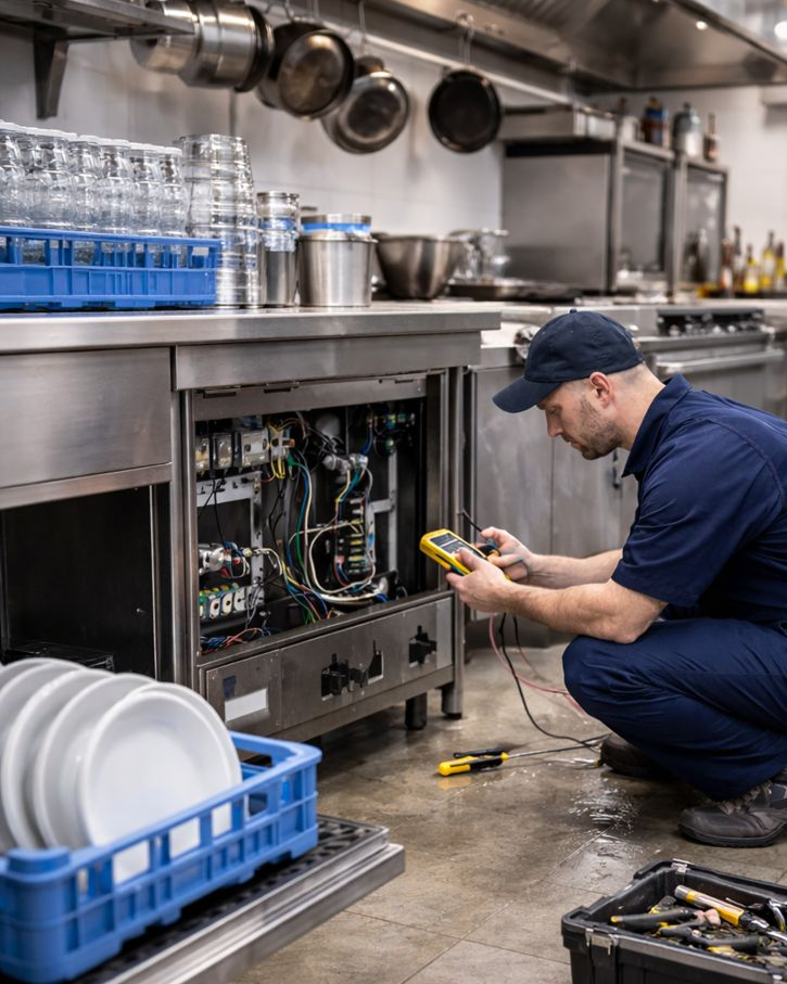 technician repearing a dishwasher in a restaurant kitchen