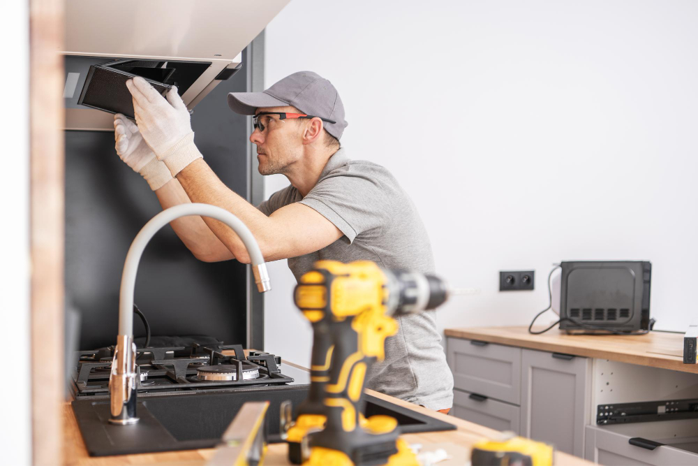 Appliance repair technician repairing a washer