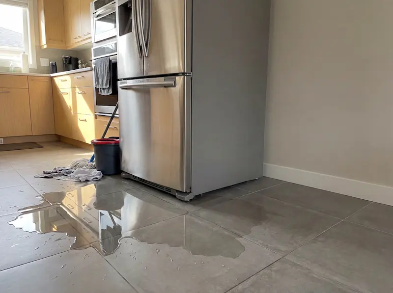 Water leaking from stainless steel refrigerator onto kitchen floor