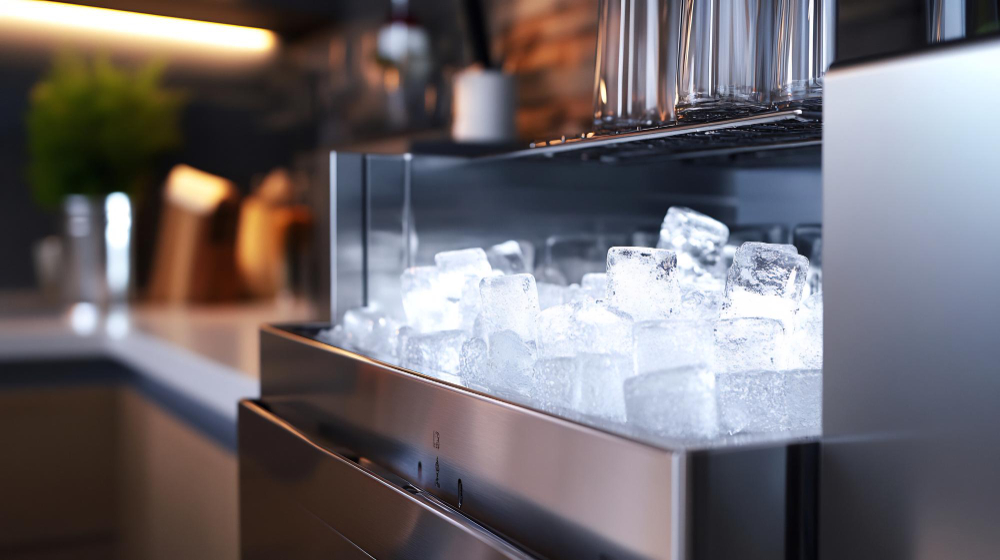 Built in ice maker producing fresh ice cubes in modern kitchen