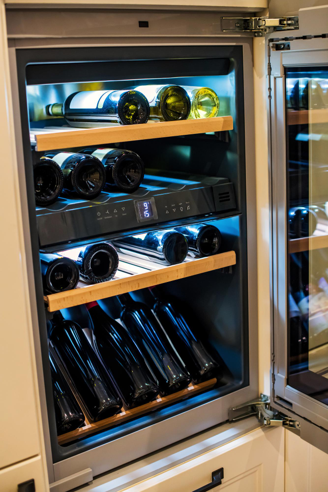 Open wine refrigerator with temperature-controlled shelves