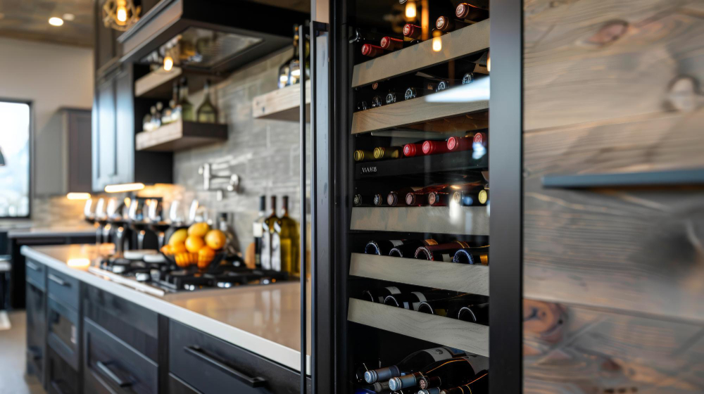 Built-in wine cooler filled with bottles in modern kitchen