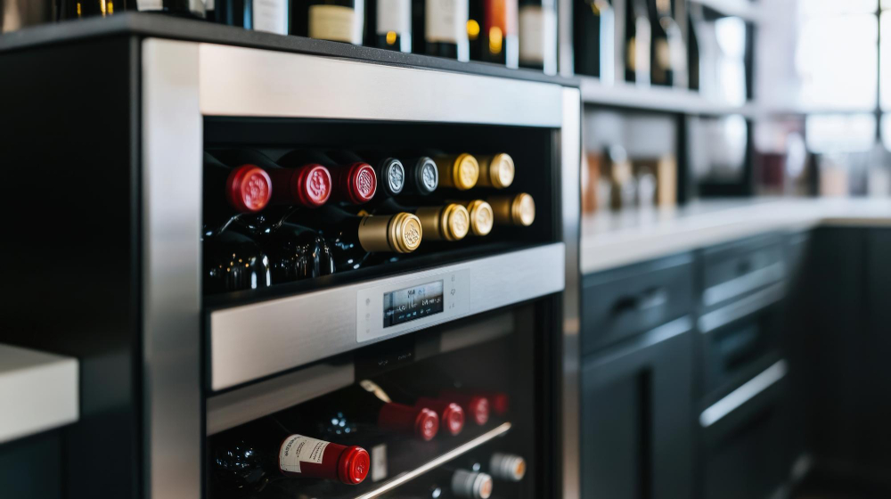 Under-counter wine cooler storing red and white wine bottles