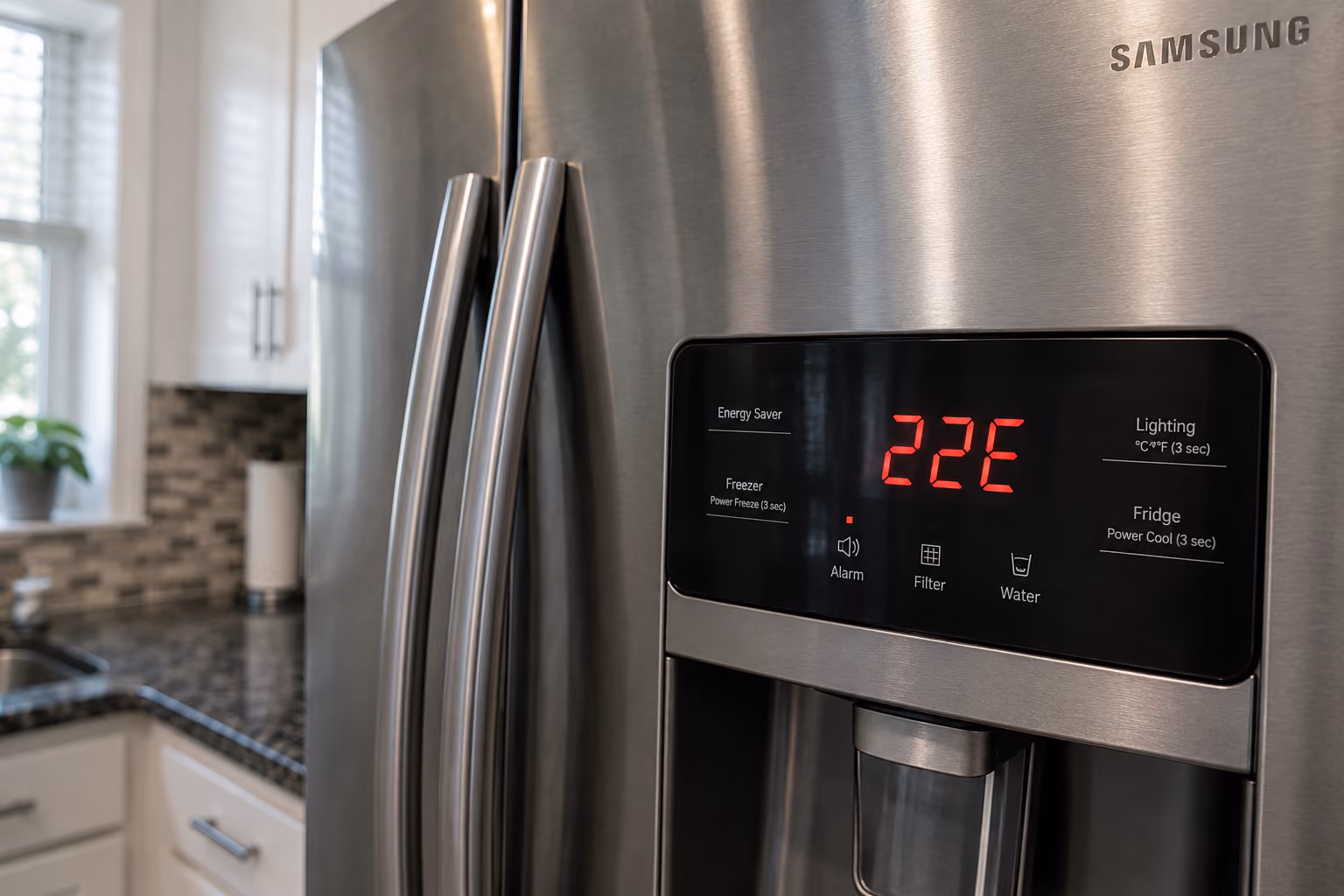 Samsung French door refrigerator display showing 22E error code