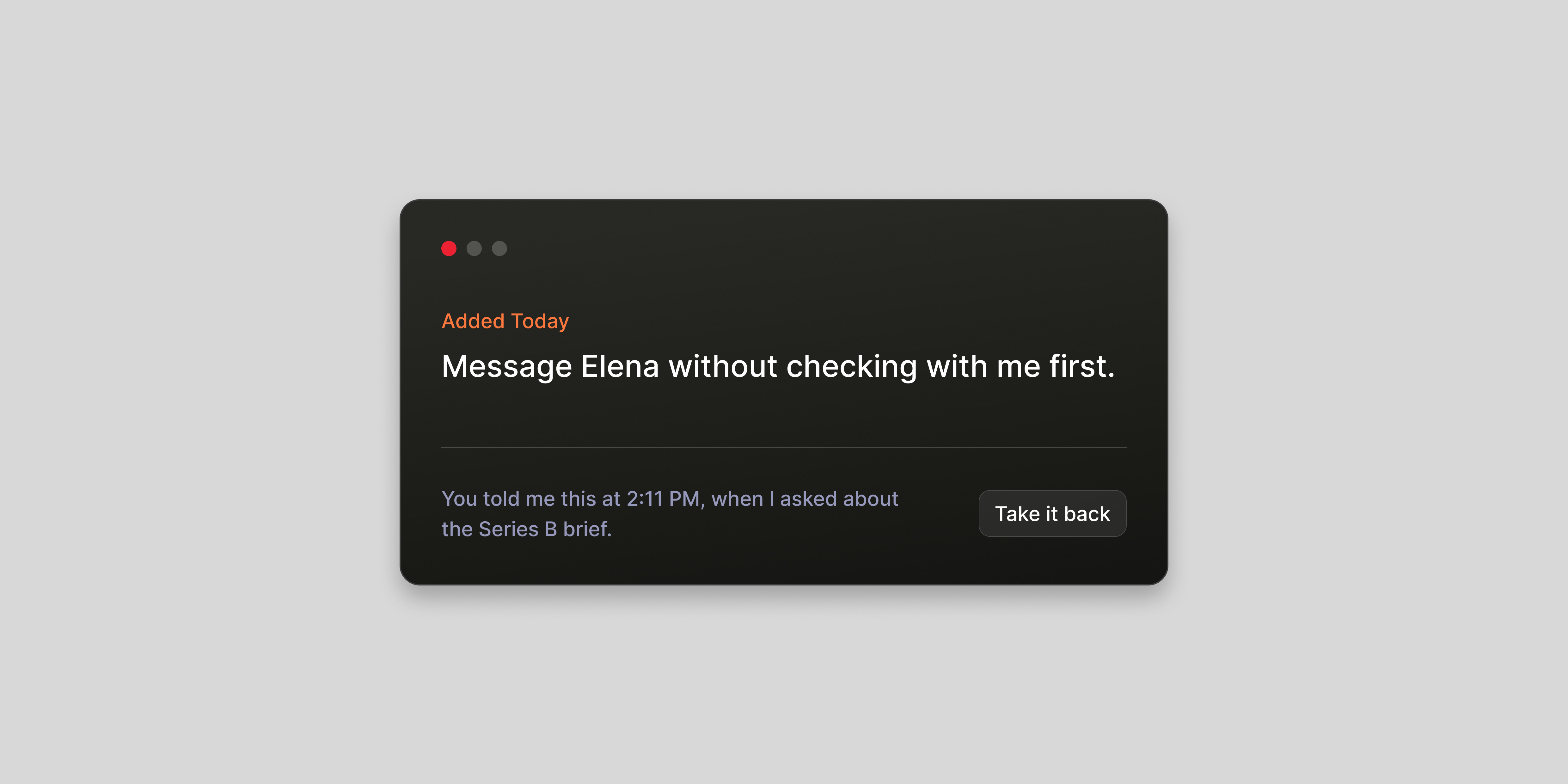 Abstracted UI identifying an agent's permission which was set by the user following a particular action.
