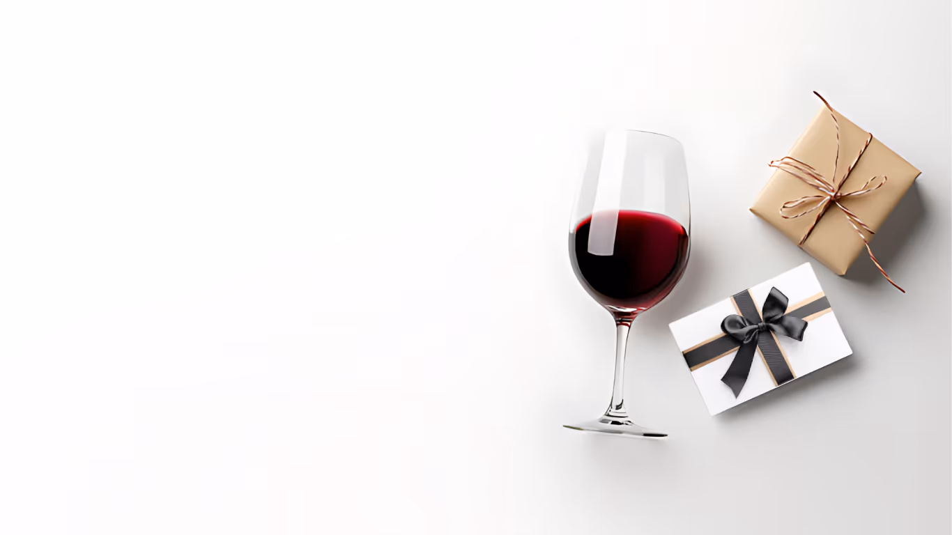 Picture of a wine glass, a present and a gift card 