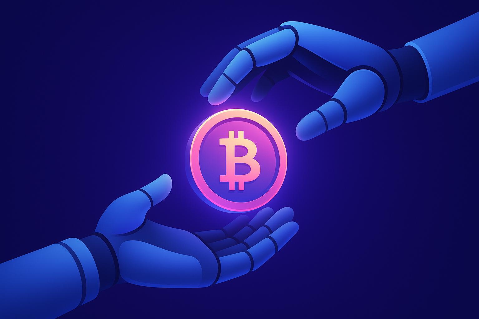 A robotic hand holding a Bitcoin.