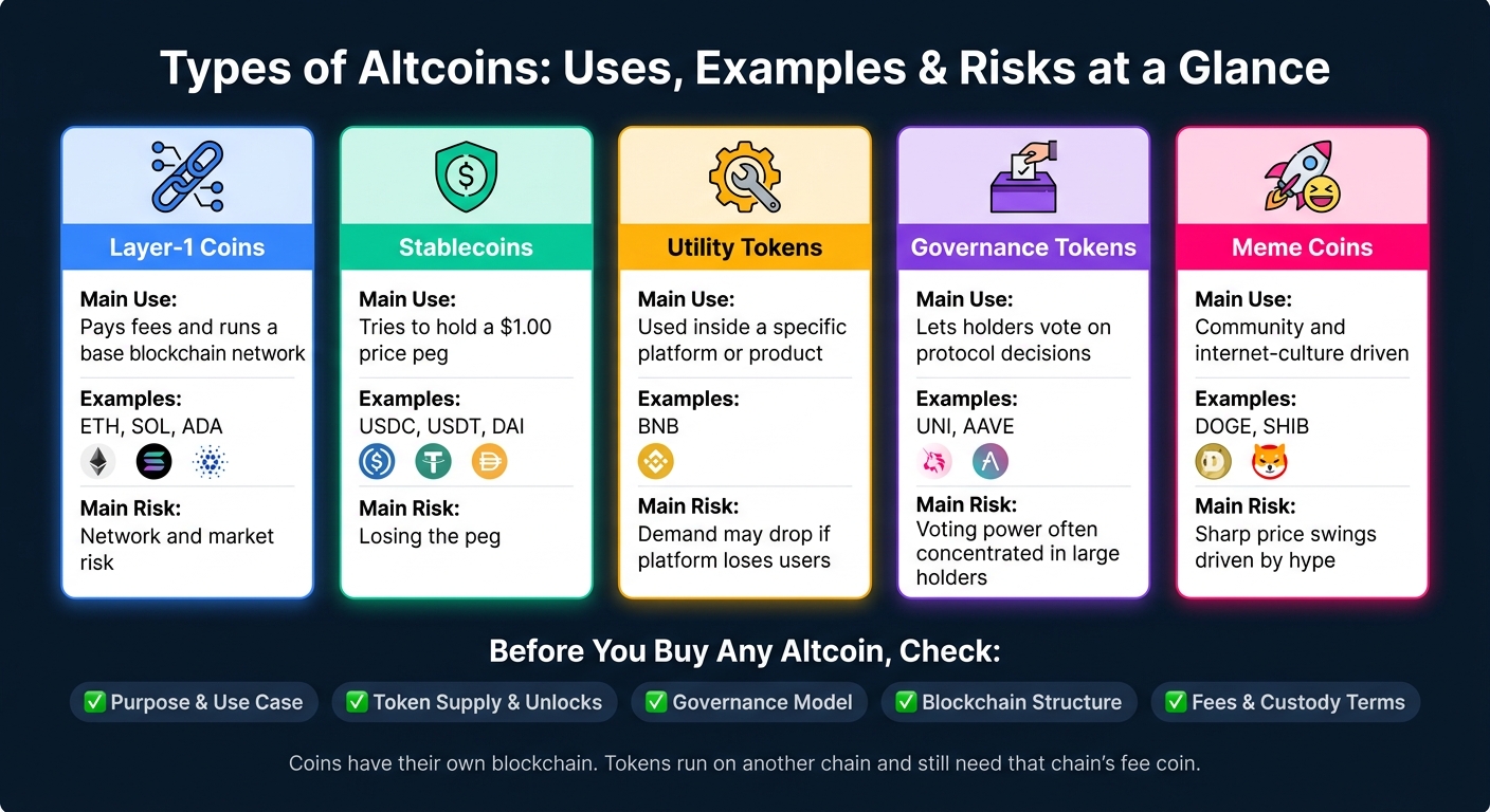 Types of Altcoins: Uses, Examples & Risks at a Glance