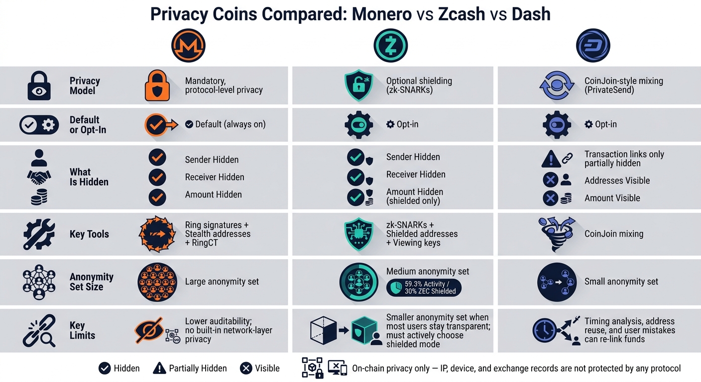 Privacy Coins Compared: Monero vs Zcash vs Dash