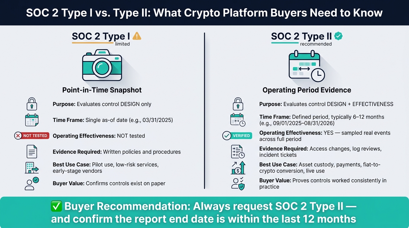 SOC 2 Type I vs Type II: What Crypto Platform Buyers Need to Know