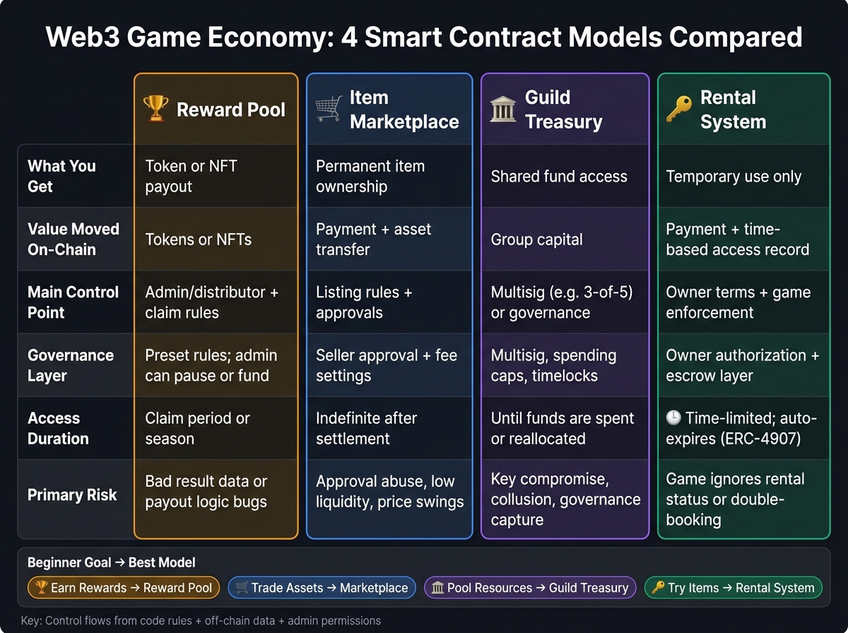 Web3 Game Contract Models: Reward Pools vs Marketplaces vs Treasuries vs Rentals