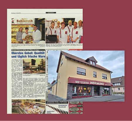 Collage mit zwei Bildern. Ein vollseitiger Zeitungsartikel über die Eröffnung der Filiale in Knetzgau und eine aktuelle Außenansicht der Filiale in Zeil.