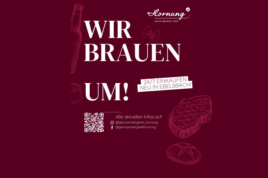 roter Hintergrund mit Infos bzgl. Umbau - im Hintergrund sind Umrisse von Wurst- und Fleischwaren