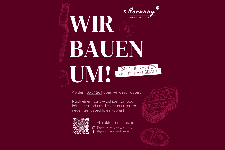 roter Hintergrund mit Infos bzgl. Umbau - im Hintergrund sind Umrisse von Wurst- und Fleischwaren
