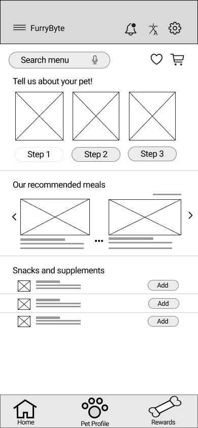 Low fidelity UI of homepage