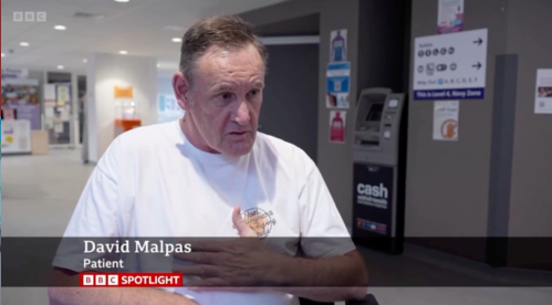 Screenshot from BBC Spotlight showing patient David Malpas speaking about his progress after VR therapy at Torbay Hospital.