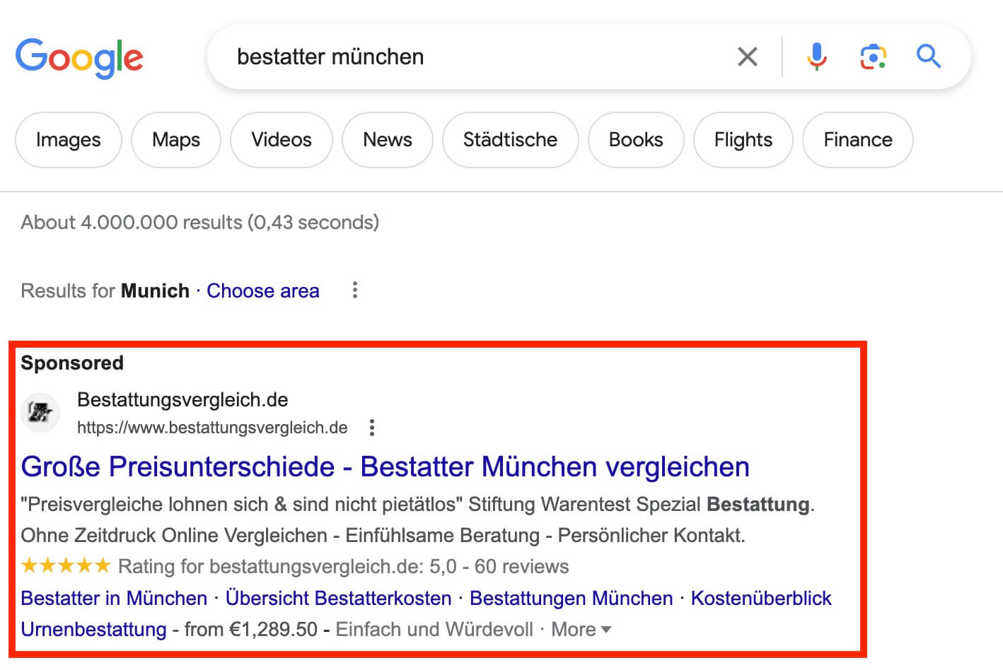 Bezahlte Suchanzeige für Bestatter bei Google Ads