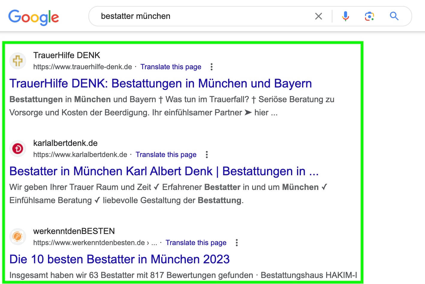 Google SEO Ergebnisse Bestatter