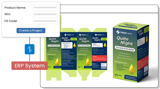 Link FG code and Material codes ManageArtworks integrates with ERP systems like SAP and Oracle to retrieve FG codes, SKU descriptions, and material codes for each printed component.