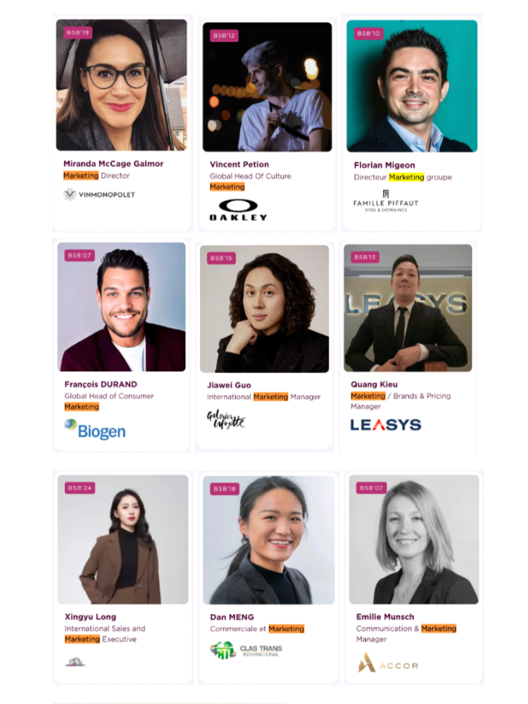 Portraits d’anciens étudiants travaillant dans le marketing à l’international, avec leurs noms, promotions et postes occupés dans des entreprises comme Oakley, Biogen, Accor, Leasys, Vinmonopolet et d’autres.