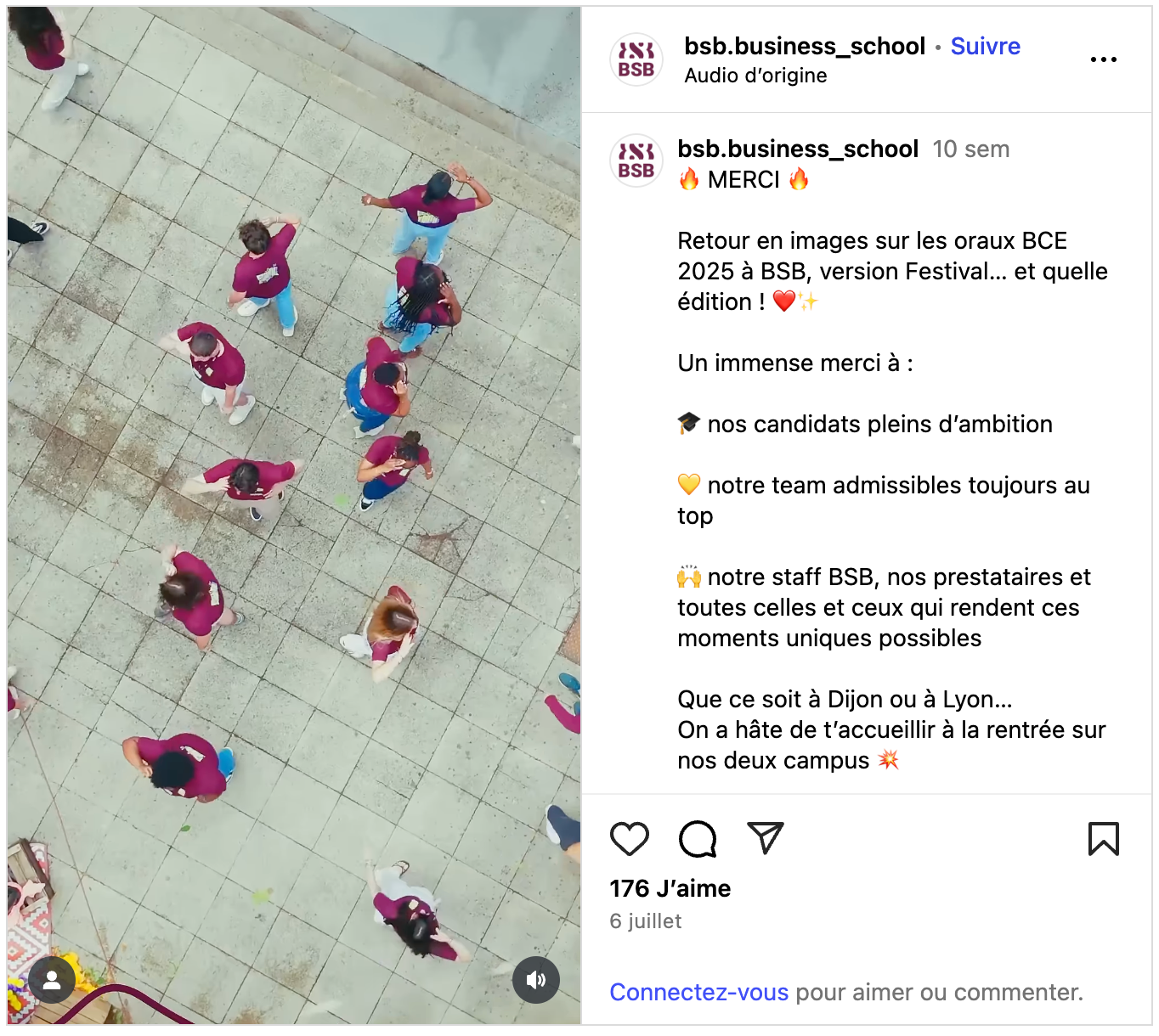 Vue aérienne d’étudiants en t-shirts bordeaux formant un mot sur une cour lors du Festival des oraux BCE 2025 – BSB