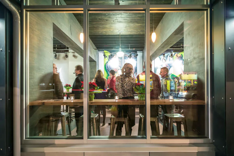 An outside view of the new glassed-in lobby.