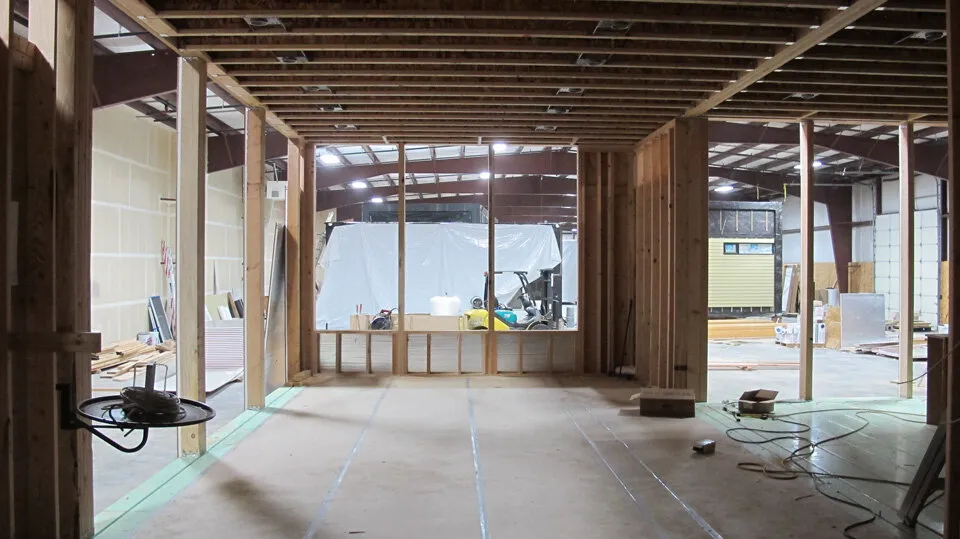 A preview of the future kitchen looking out.