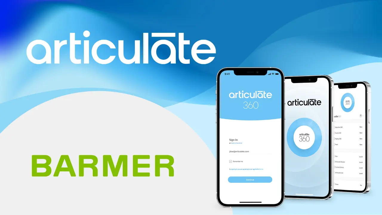 Ein hellblaues Bild mit dem weißen Schriftzug articulate und darunter ein hellgrünes Logo der Barmer. Auf der rechten Seite sind drei Smartphones mit Screenshots des Systems articulate zu sehen.