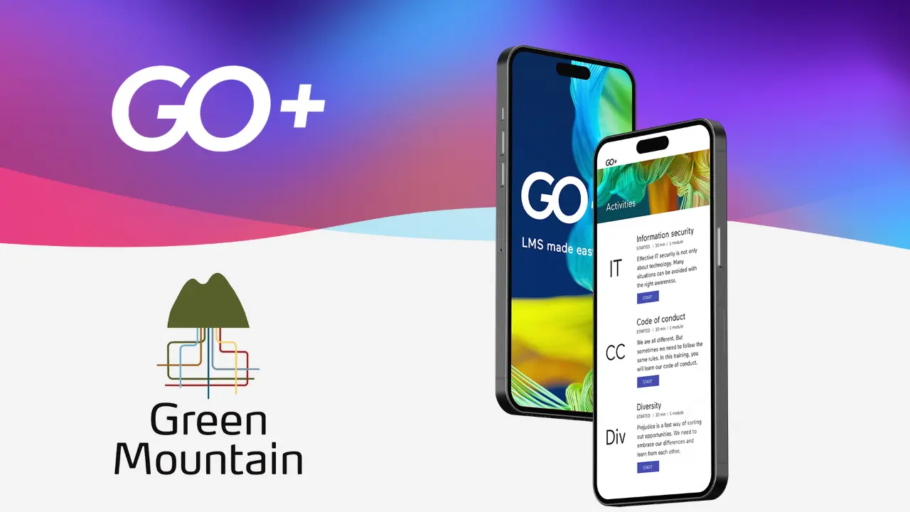 Ein Bild mit dem Logo von Goplus und ein Screenshot des Systems, das auf zwei Smartphones abgebildet ist. Unten ist ein Logo des Unternehmens Green Mountain zu sehen, das dieses System jetzt einsetzt.