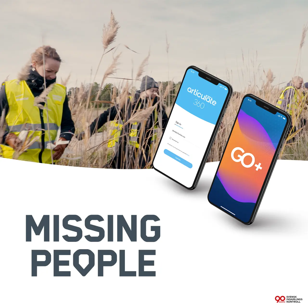 Et billede af frivillige fra Missing People i gang med at lede på en mark med et logo for Missing People til venstre og to smartphones til højre med skærmbilleder af articulate og go plus for at vise, at tictac støtter og hjælper forsvundne personer,