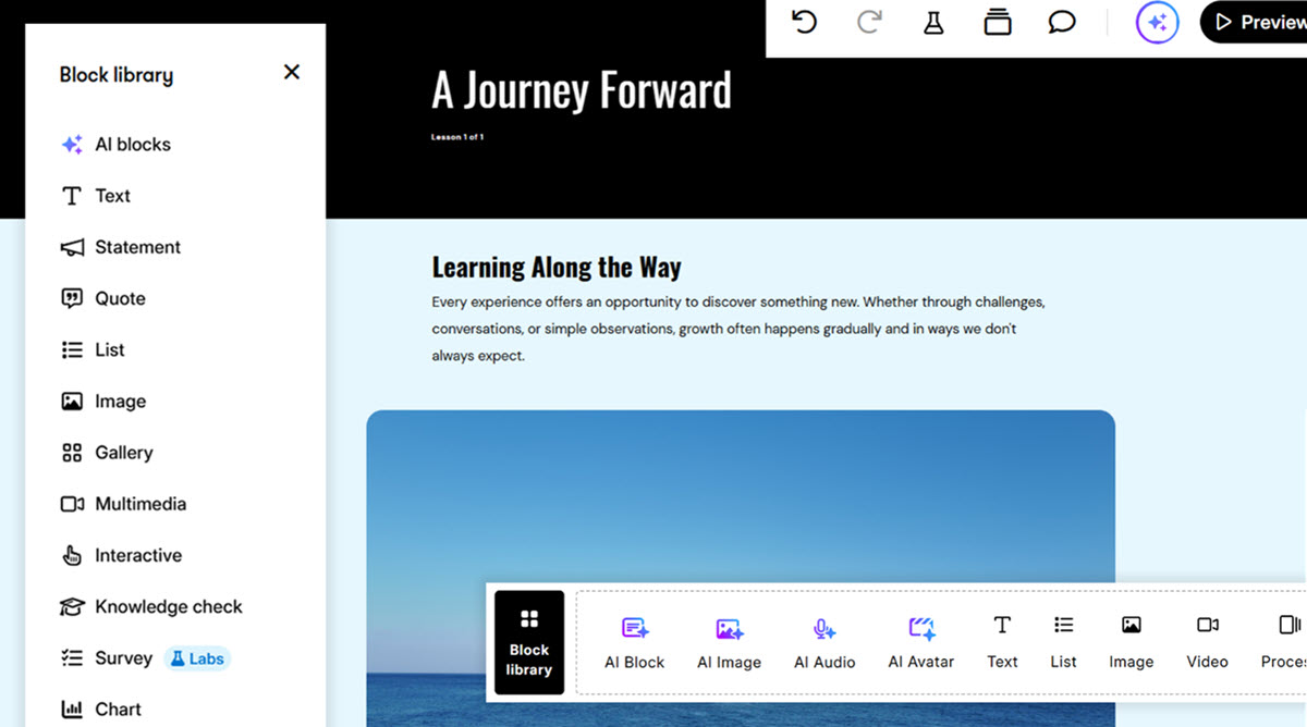 Cutouts of Rise’s block library, block bar and top bar layered on top of lesson in a Rise course with the title “A journey forward”, featuring a light blue background and an image of the open sea.