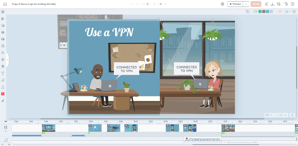 Montage d'une vidéo de formation dans Vyond Studio sur la gestion de la sécurité lors du travail à distance.