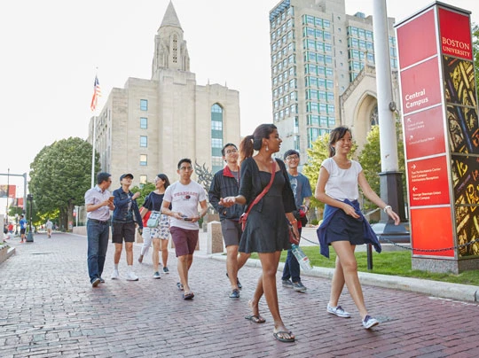 Students walking through the Boston University campus