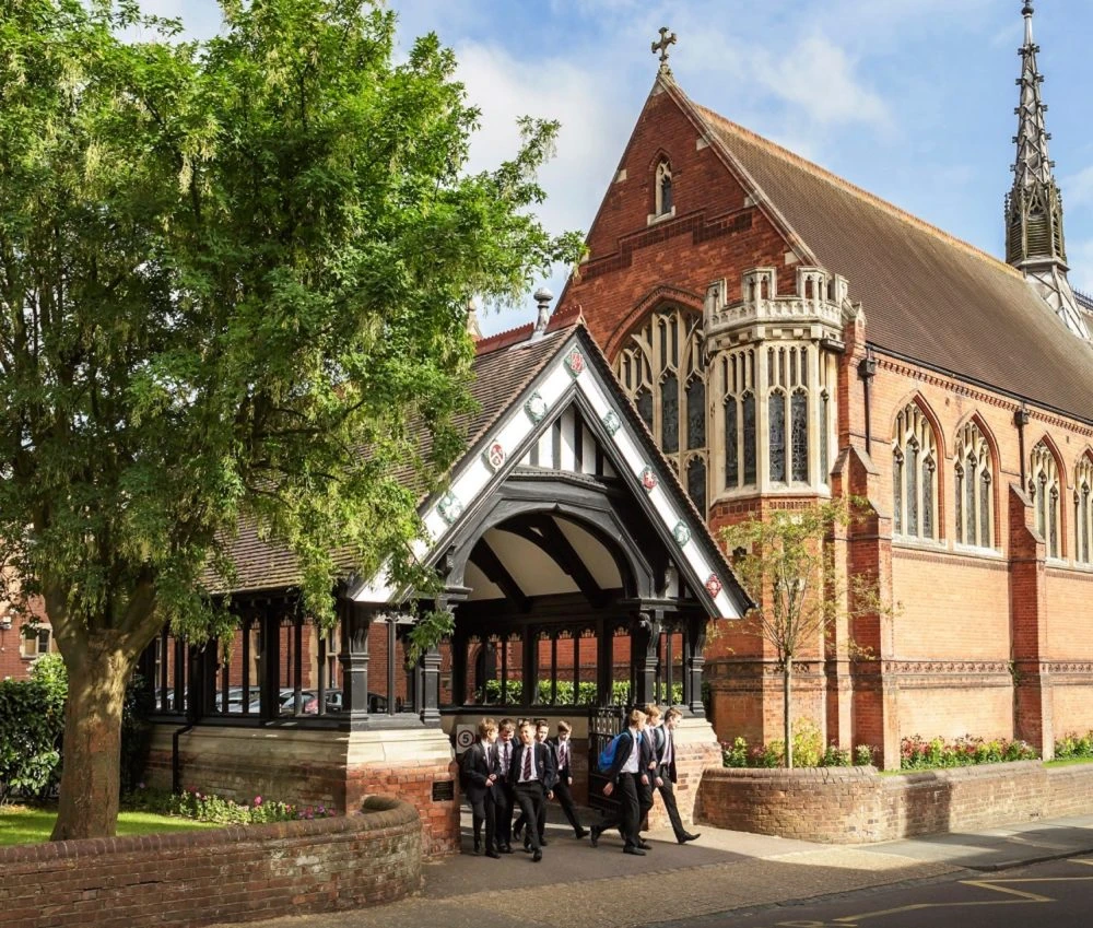 Lych gate and chapel on a historic school campus