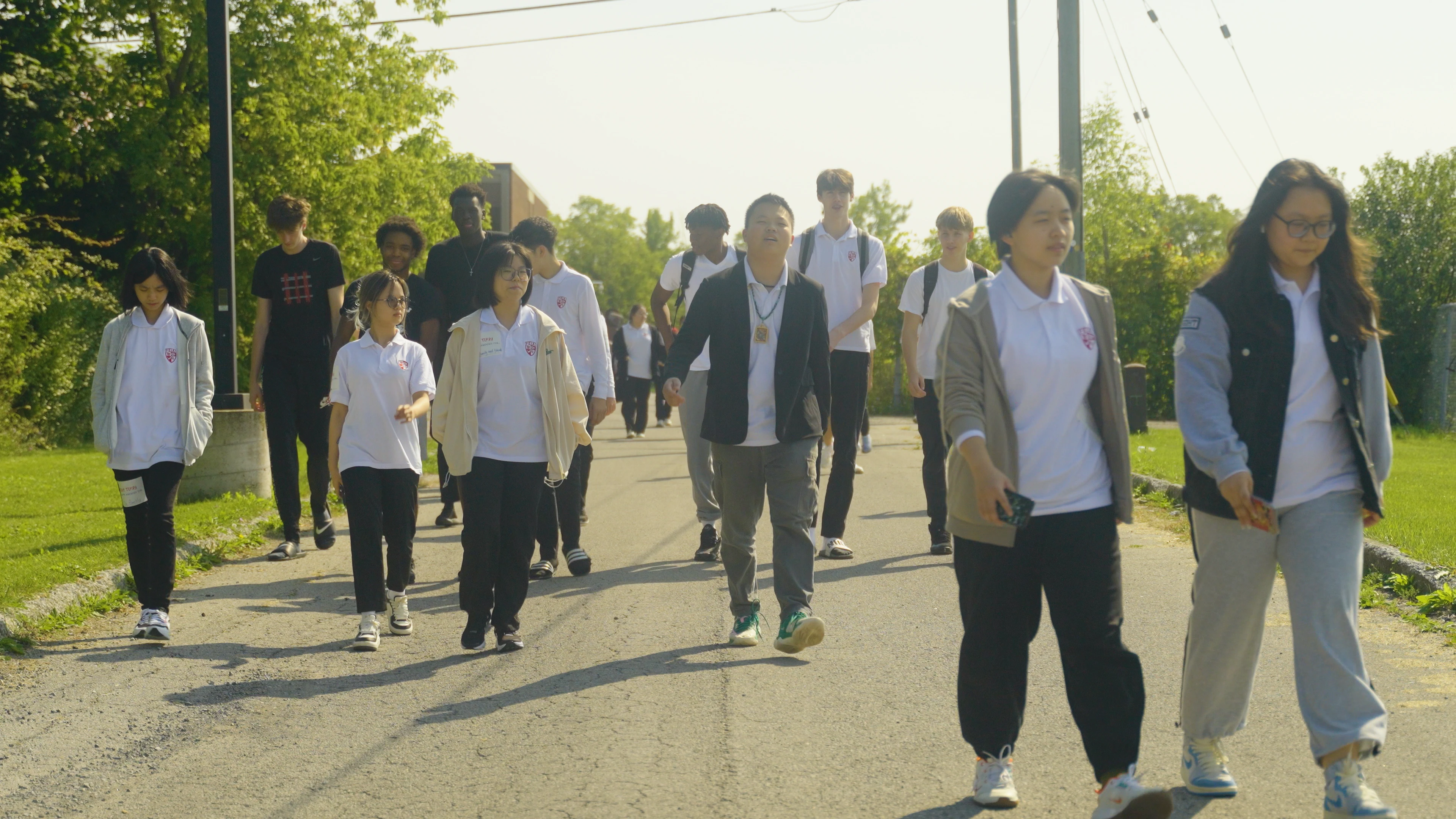 Students walking along a campus path