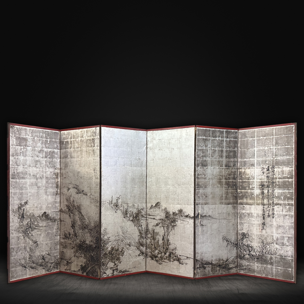 PJ33 - Taisho Period Landscape Oxidized Silver Screen (1/2)