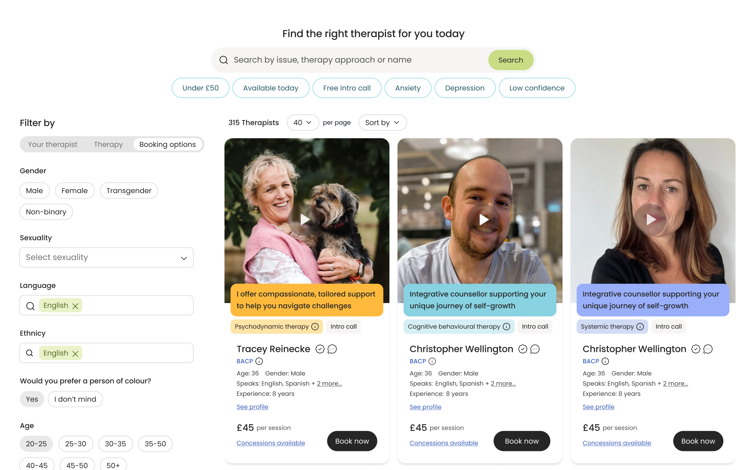 emoteCare therapist discovery product screens