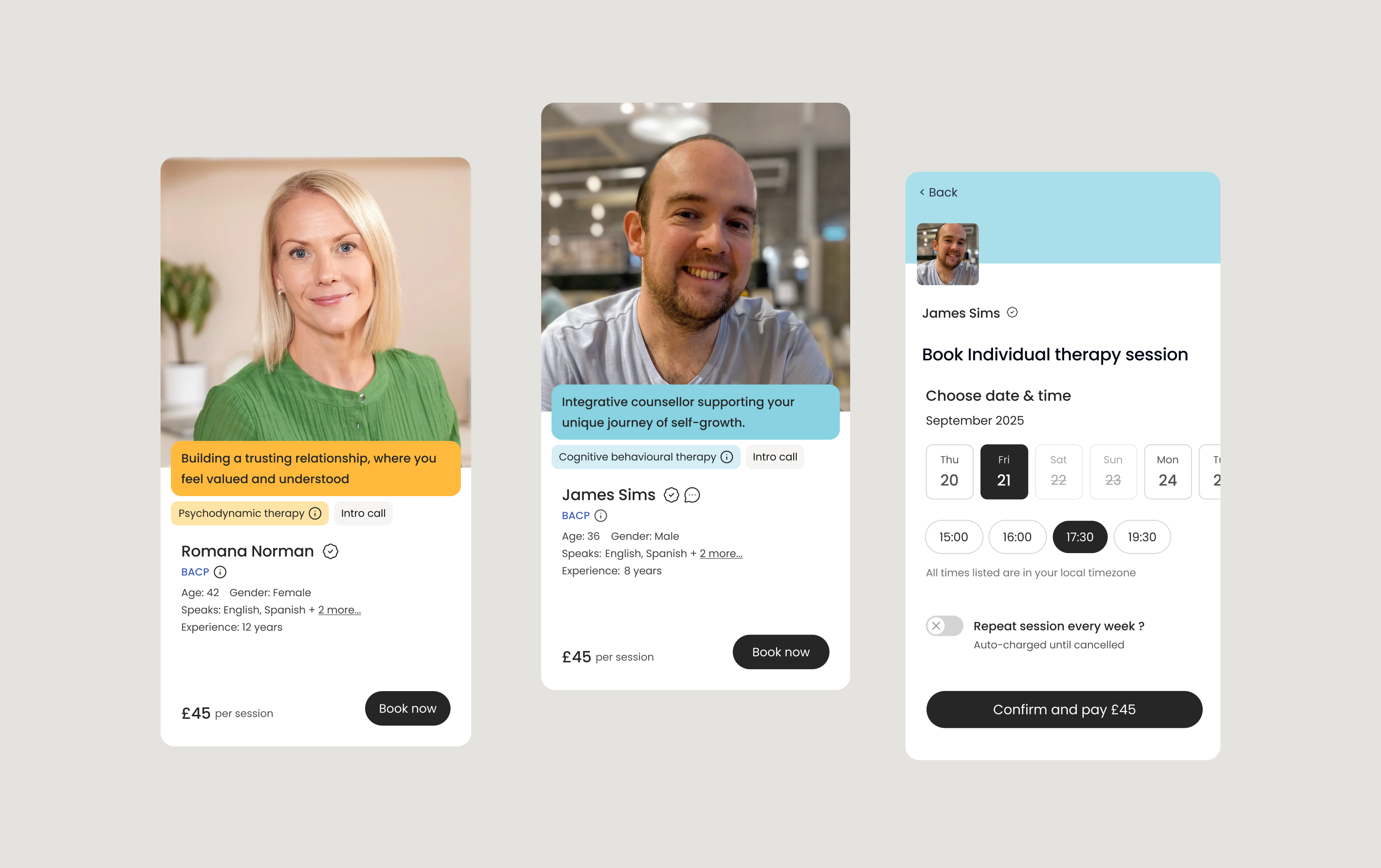emoteCare therapist discovery product screens