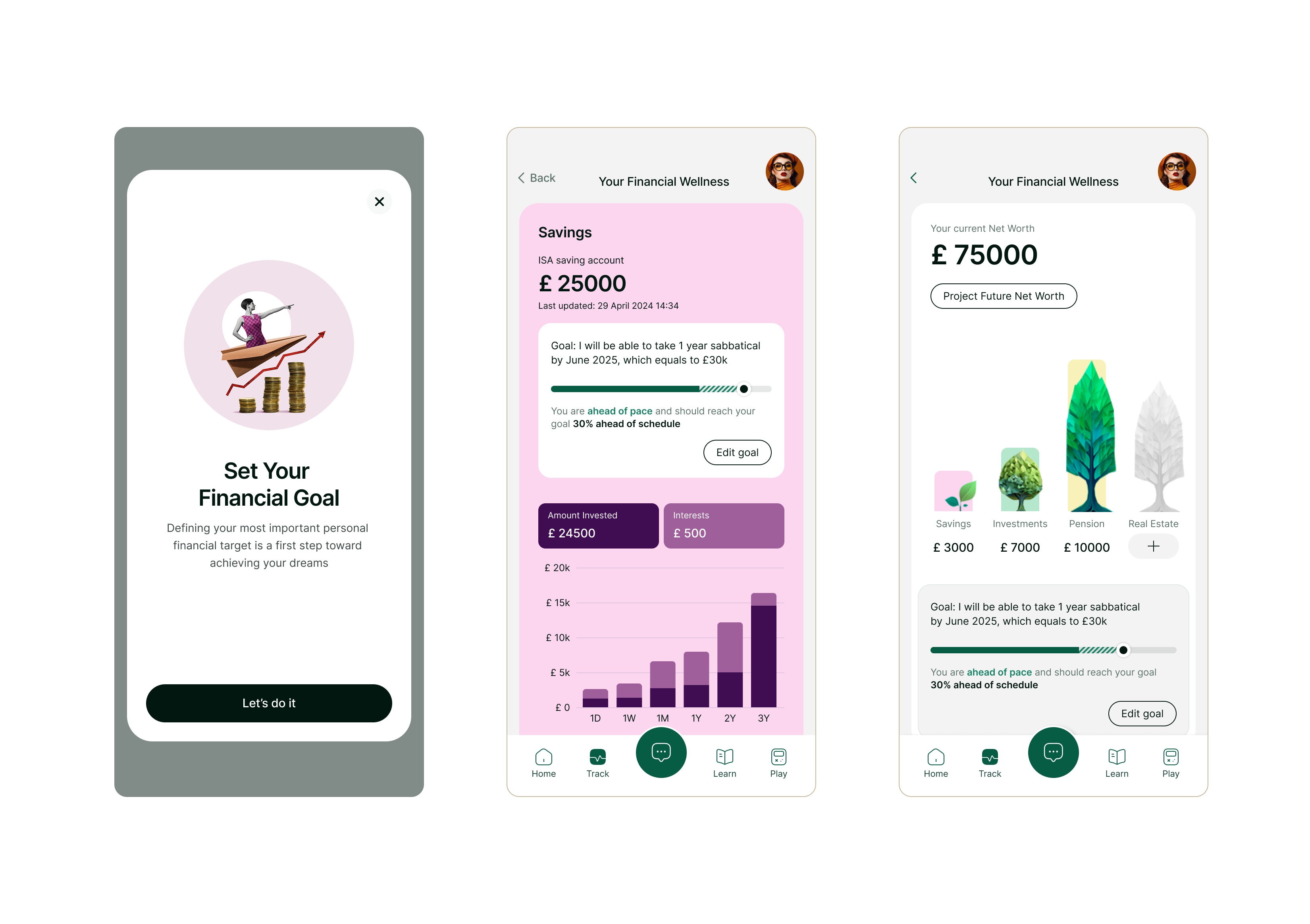 AI assistant — three screens