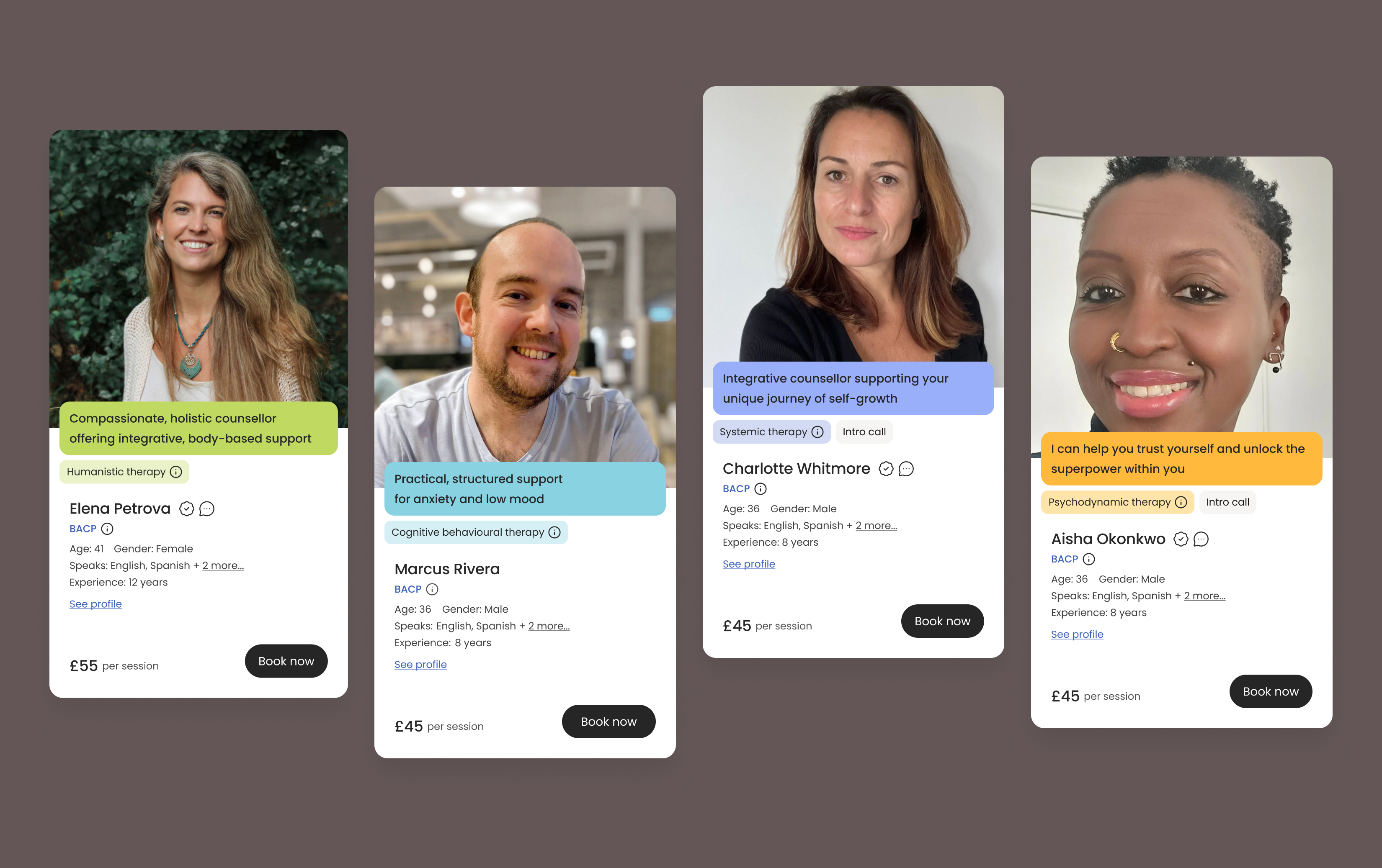 emoteCare therapist discovery product screens