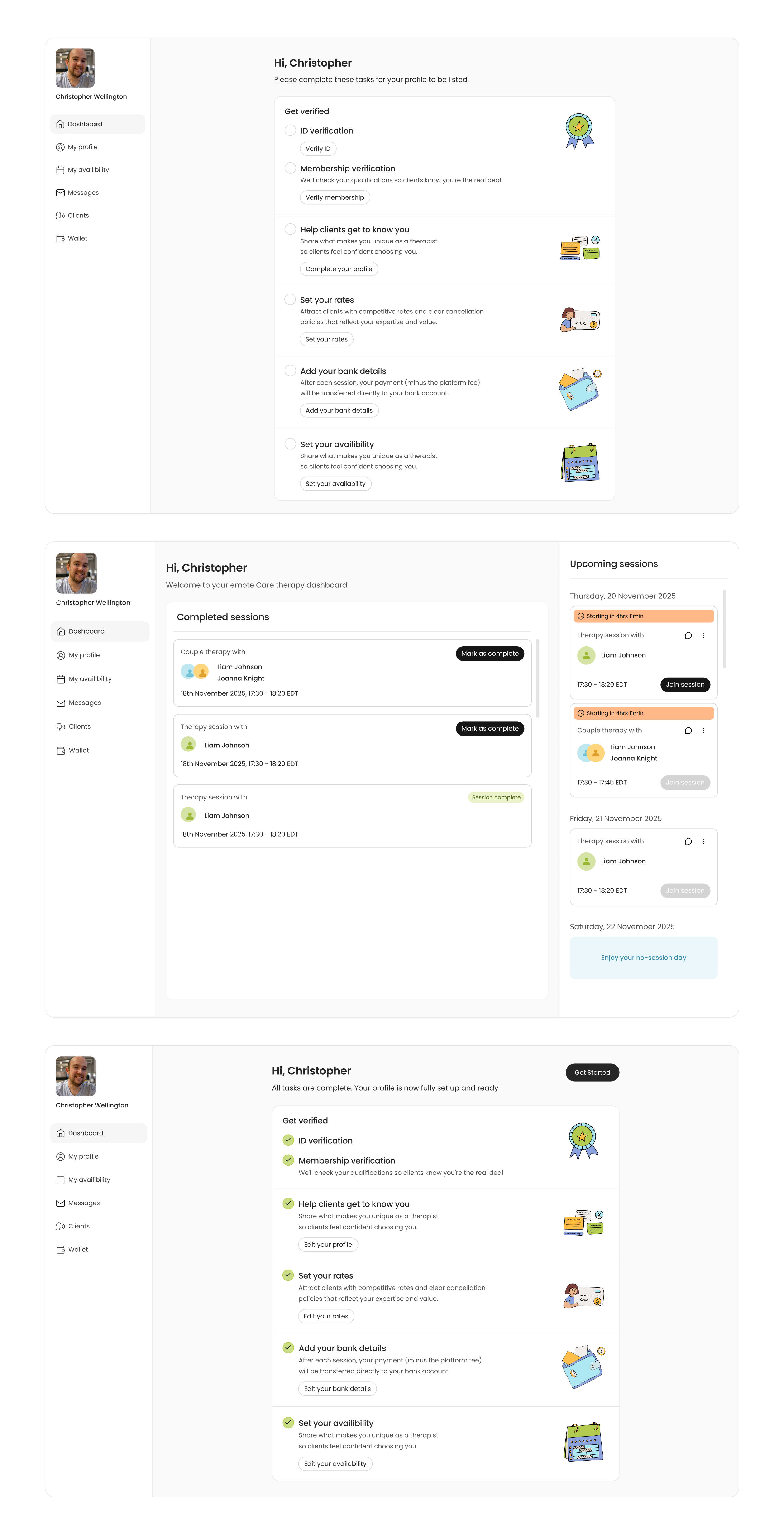 Therapist profile setup checklist, sessions dashboard and completed state