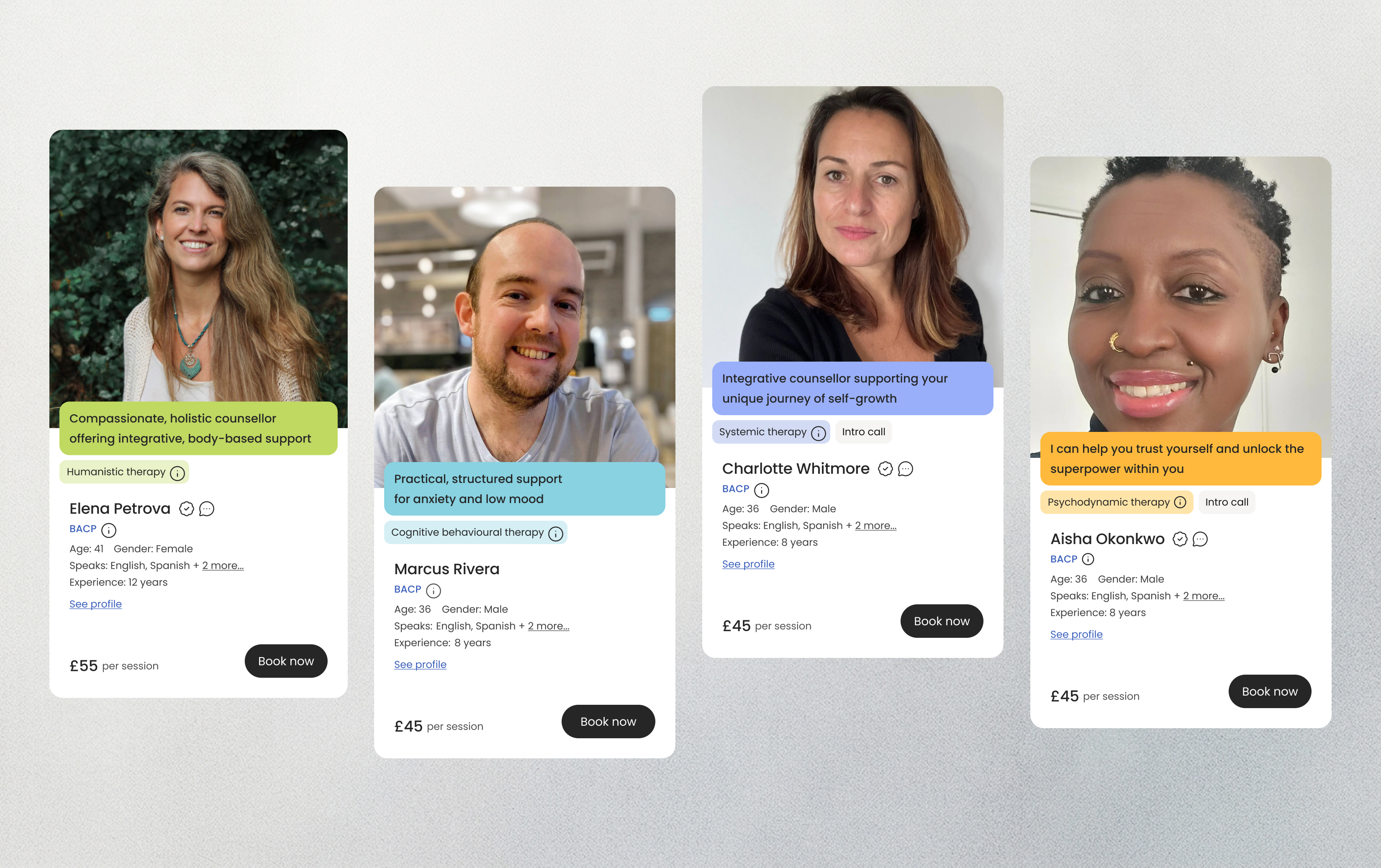 emoteCare therapist discovery product screens