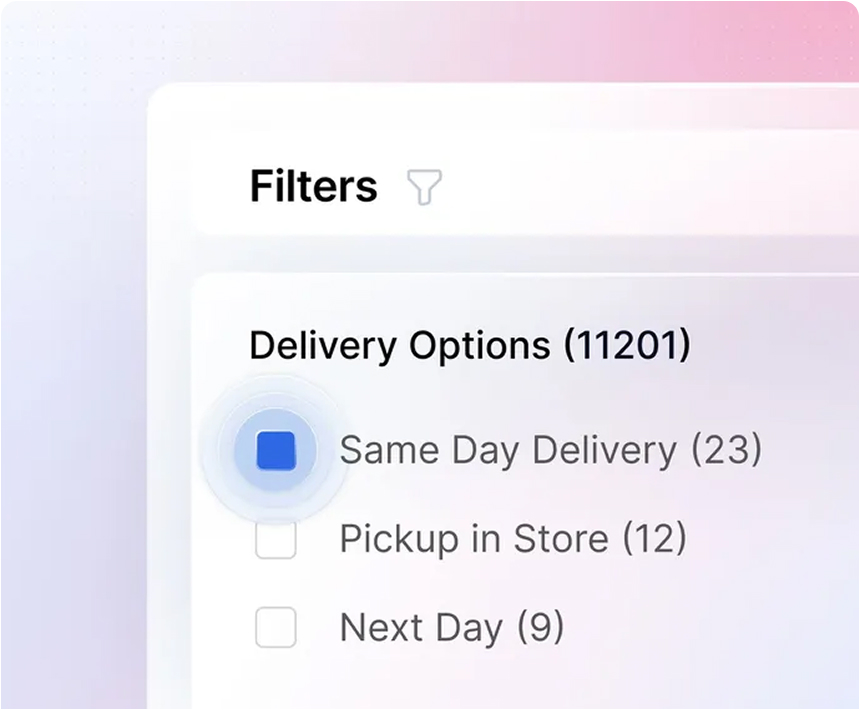 Opciones de entrega con filtro aplicado para entrega el mismo día, opción marcada y otras dos no seleccionadas: recogida en tienda y entrega al día siguiente.