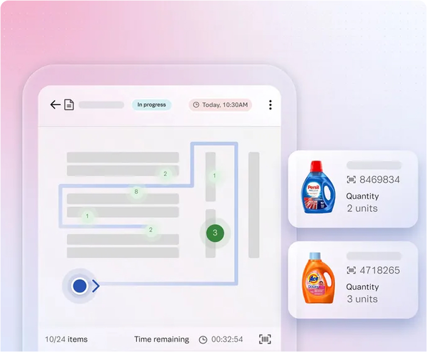 Interfaz digital en progreso mostrando un recorrido con puntos numerados y un cronómetro de tiempo restante, junto a imágenes de dos productos de limpieza con cantidades y códigos de barras.