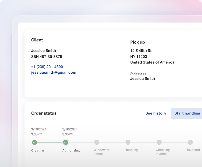 Interfaz de pedido mostrando detalles del cliente Jessica Smith, dirección de recogida en Nueva York, y estado del pedido con las etapas Crear y Autorizar marcadas como completadas.