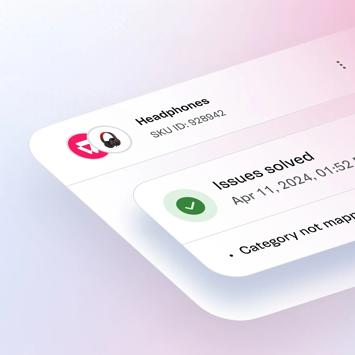 Interfaz digital que muestra un producto llamado Auriculares con ID SKU 928942 y una sección indicando problemas resueltos con fecha 11 abr 2024.