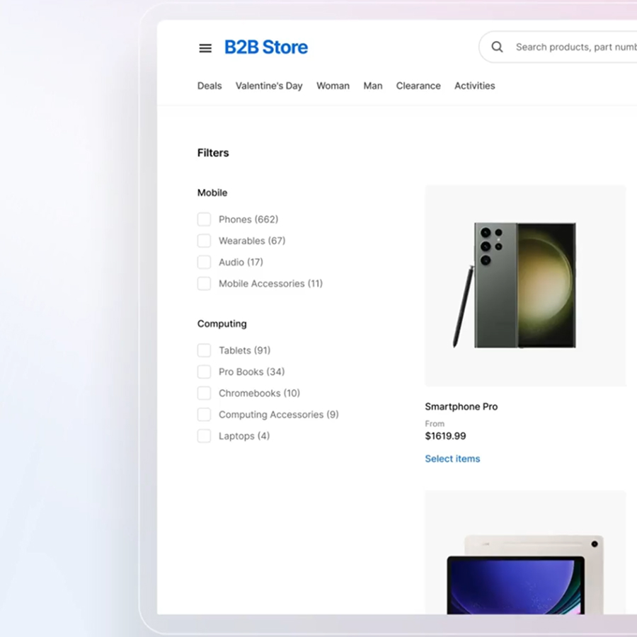 Página web de B2B Store con filtros para móviles y computación a la izquierda y un Smartphone Pro con precio desde $1619.99 a la derecha.