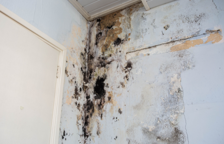 Mold growth and water damage on an interior wall