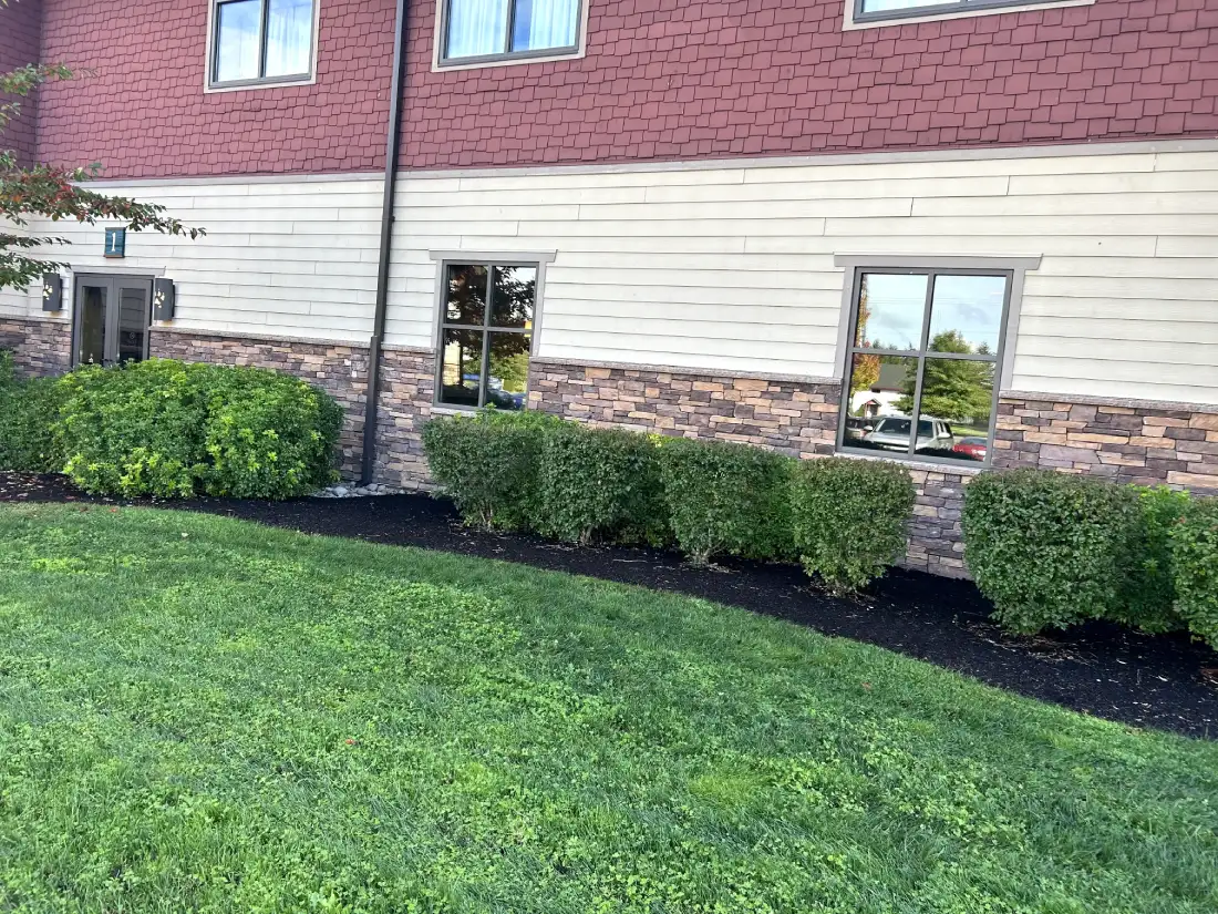 Side view of the Great Wolf Lodge's building showcasing the clean landscaping design, including trimmed hedges and a lush green lawn.