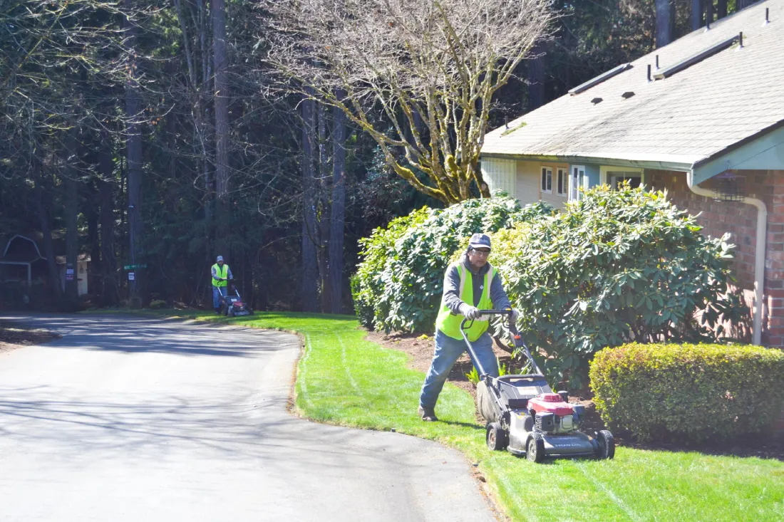 A residential corner at the Springwater HOA project featuring neatly trimmed hedges and freshly mowed grass under a sunny sky.